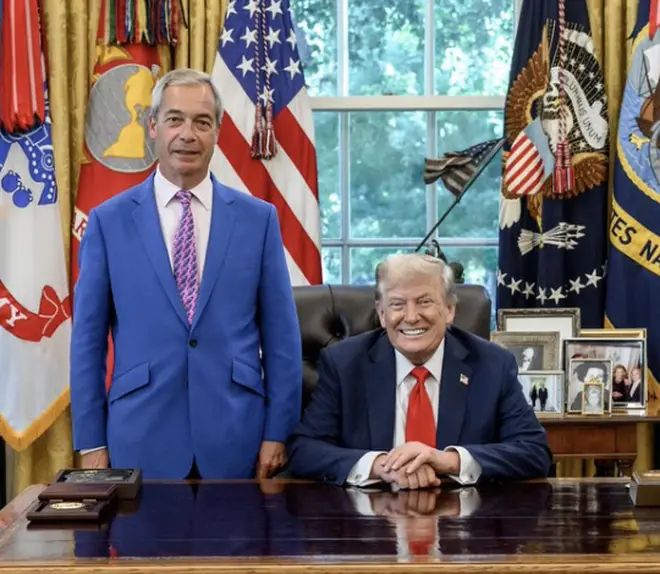 Picture of Snake oil salesman Nigel Farage , (paid writer for express, paid gold bullion promoter, paid GB ‘news’  plus assorted other paid roles - rarely seeing doing his actual job as MP of deprived Clacton ) standing like a good boy waiting for his next instruction from  his boss Trump , Trump is sitting due to large ankles (Trump is a felon, serial liar, narcissist and friend of Jeffrey Epstein ) 