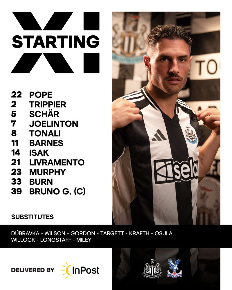 Newcastle United v Crystal Palace: Pope, Trippier, Schär, Joelinton, Tonali, Barnes, Isak, Livramento, Murphy, Burn, Bruno G.