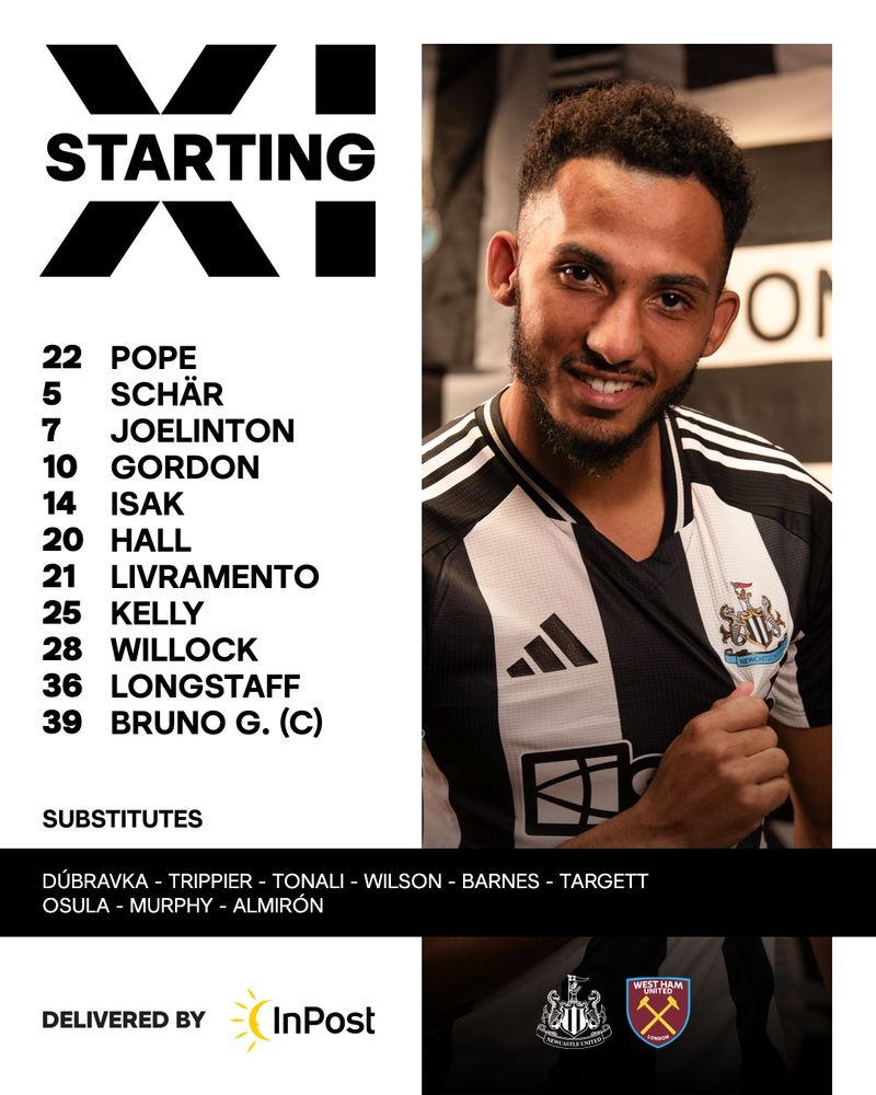 Newcastle United v West Ham: Pope, Schär, Joelinton, Gordon, Isak, Hall, Livramento, Kelly, Willock, Longstaff, Bruno G.