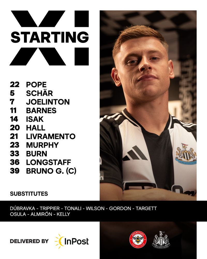 Newcastle United v Brentford: Pope, Schär, Joelinton, Barnes, Isak, Hall, Livramento, Murphy, Burn, Longstaff, Bruno G.