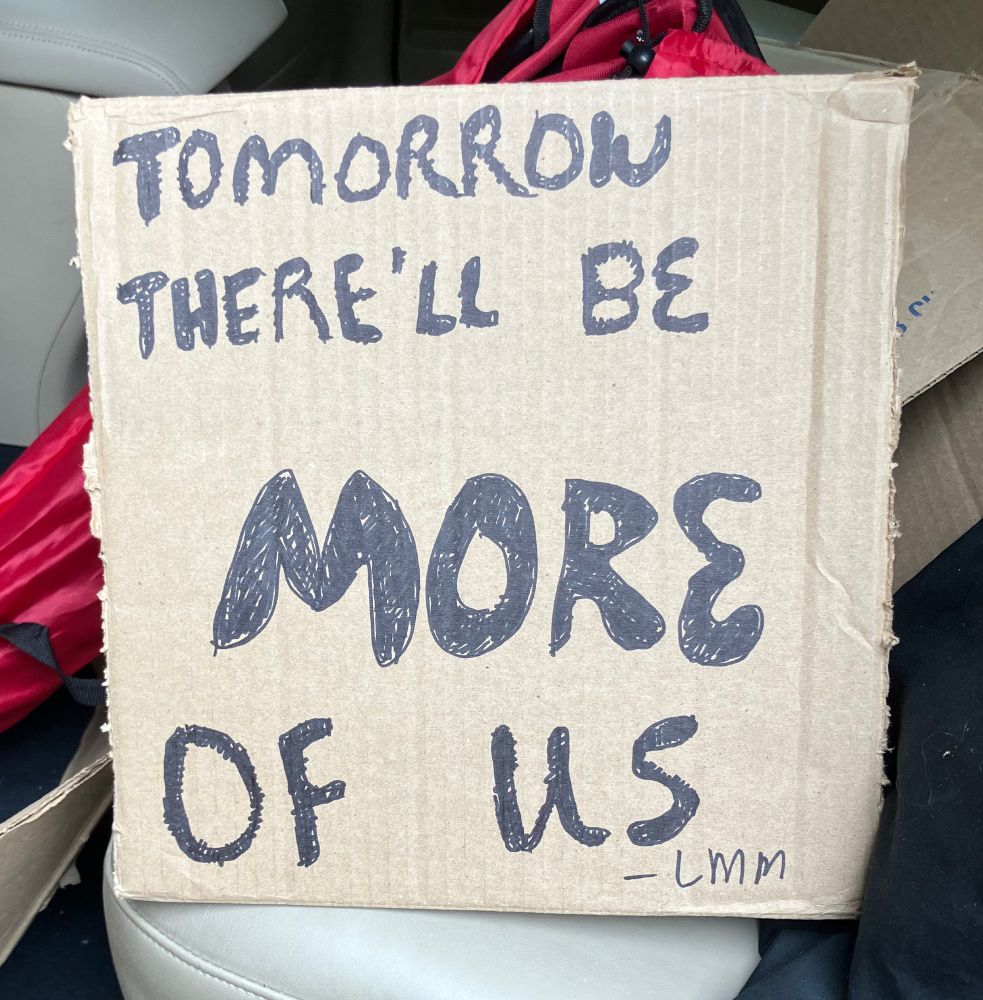 Sign made from a piece of a brown cardboard box, in the backseat of a messy car -- a red nylon case behind the sign, resting on a beige seat. More cardboard, other bits of the front seat of the car and the floor of the car also visible. In messy bubbly handwriting (black sharpie,) the sign says, "Tomorrow there'll be MORE of us - LMM" 