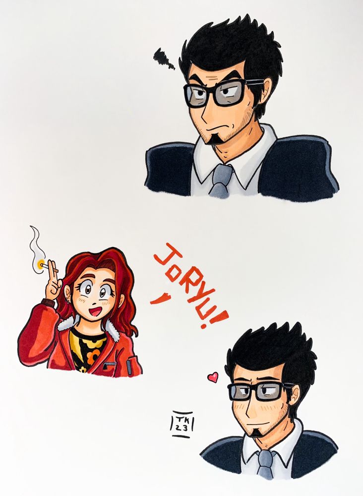 Top drawing: Kiryu Kazuma looking curmudgeonly

Middle drawing: Akame smiling, waving, and shouting “Joryu!” in huge text, the way she does in The Man Who Erased His Name

Bottom drawing: Kiryu’s bad mood dissipates. He smiles and blushes gently.