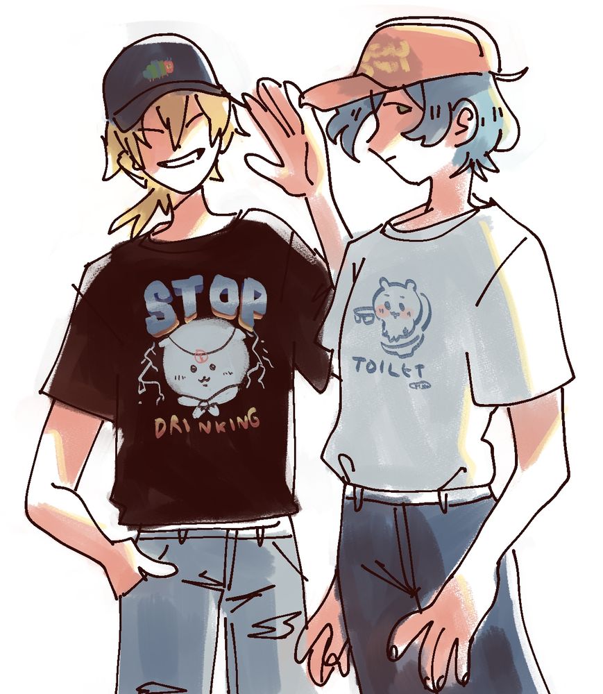 april 24 2024

kaoru and kanata wearing chiikawa t-shirts
kaoru's shirst says "stop drinking" and kanata's says "toilet time" but actually it's too small and only the word "toilet" is legible

they're also wearing cool hats I saw around the same time