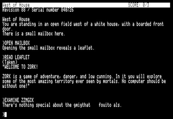 The opening of Zork 1 (r88), with the command "EXAMINE ZZMGCK" and the response "There's nothing special about the gmigthat    fouito als."