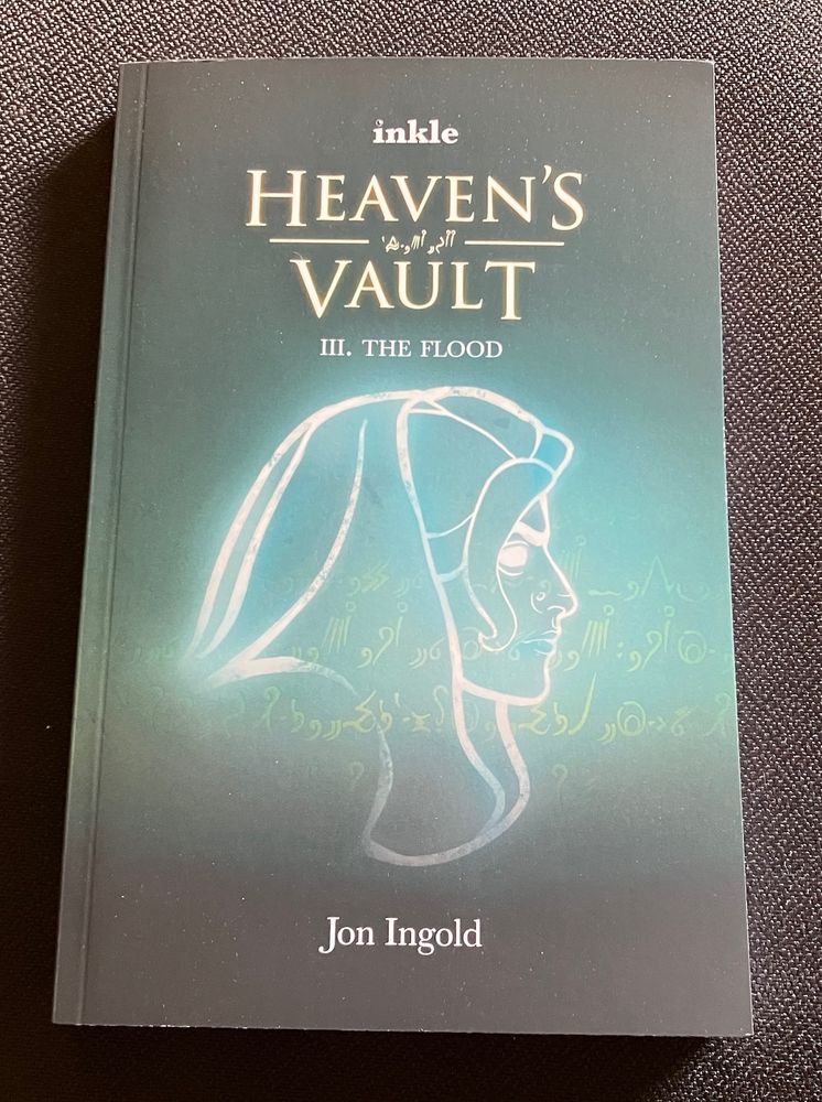 The cover of “Heaven’s Vault 3: The Flood” by Jon Ingold. An illustration of a holographic projection of a woman’s head, projected over Ancient hieroglyphs.