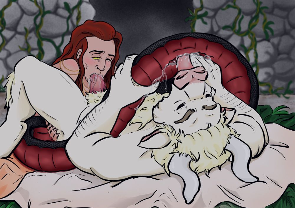 Naga Crowley is giving a blowjob to minotaur Aziraphale, who is licking and fingering Crowley's cloaca.