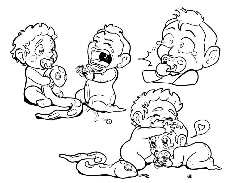 Baby Crowley is crying, because his toy Bentley broke and one tire fell off. Baby Aziraphale shoves his pacifier in Crowley's mouth and proceeds to hug his head. Crowley stops crying and seems happy.