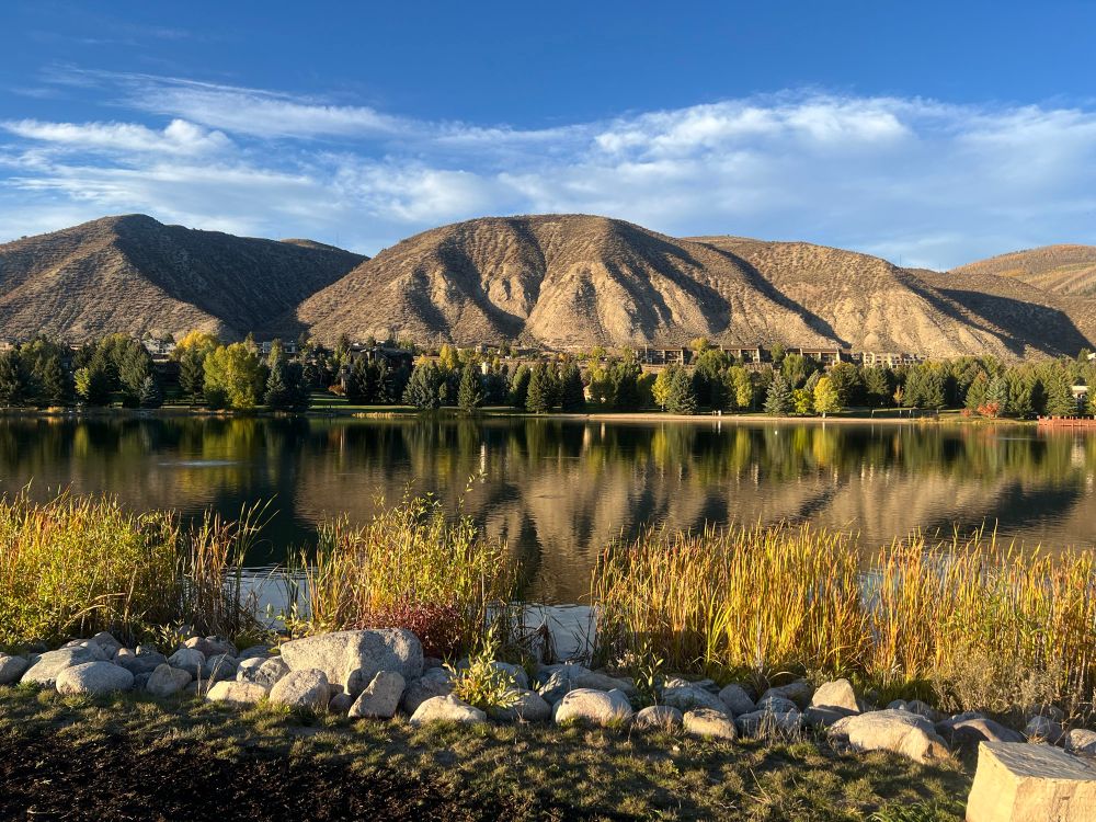 Nottingham Lake in Avon, CO with the mountains reflecting off the water. October 3, 2024