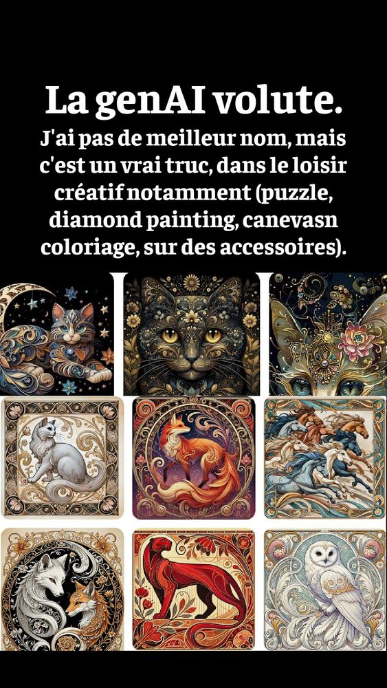 Collage d'images d'illustrations générées par IA à base de volute représentant des animaux tels que renard, chat, chevaux, chouette
Avec ce texte:
La genAI volute.
J'ai pas de meilleur nom, mais c'est un vrai truc, dans le loisir créatif notamment (puzzle, diamond painting, canevasn coloriage, sur des accessoires).
