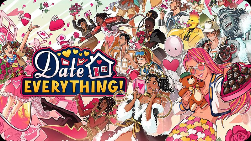 Image du jeu date everything, les tons sont roses,y a le titre du jeu milieu gauche et pour le reste y a PLEIN de perso différents c’est un peu compliqué à décrire!
