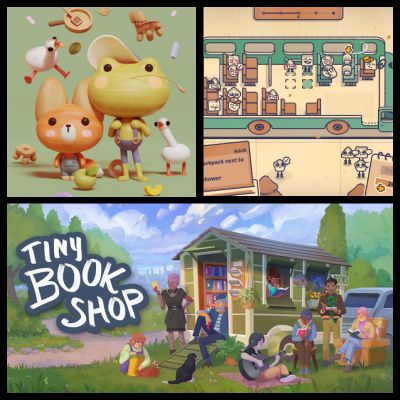 collage des jeux qu'on découvre aujourd'hui: Woodo, deux petits personnages en bois très mignons
Is this seat taken: une image stylisée de persos dans un bus, des carnets autour de l'écran et des indications
Tiny Book Shop: un tiny house remplie de livre arrêtée dans une clairière, avec des gens en train de chiller autour