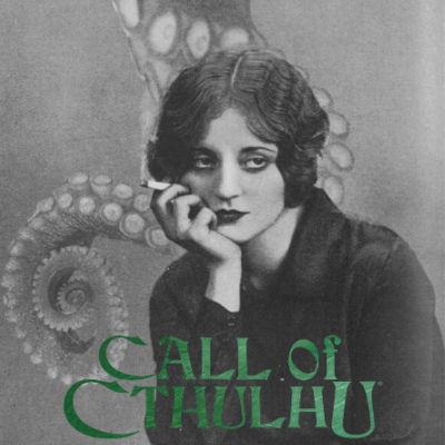 Mon personnge de Call of Cthulhu, Dorothy, le menton posé sur sa paume de main, tenant une cigarette.
Call of Cthulhu est écrit en vert en dessous, un tentacule se devine derrière