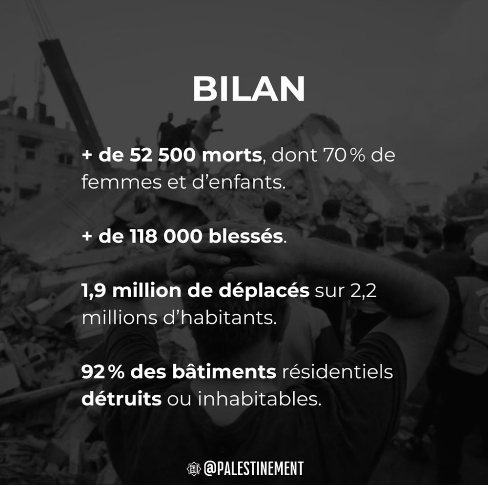 Screen du compte Instagram @palestinement:

BILAN
+ de 52 500 morts, dont 70% de femmes et d'enfants.
+ de 118 000 blessés.
1,9 million de déplacés sur 2,2 millions d'habitants.
92% des bâtiments résidentiels détruits ou inhabitables.