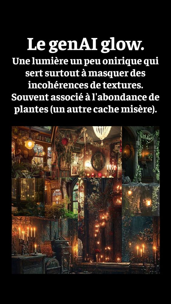 Collage d'images de déco d'intérieur générées par IA toutes très semblables
Avec le texte:
Le genAI glow.
Une lumière un peu onirique qui sert surtout à masquer des incohérences de textures. Souvent associé à l'abondance de plantes (un autre cache misère).