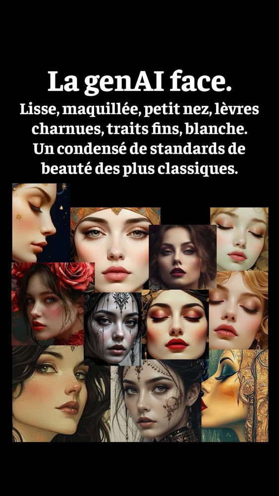 Collage de plusieurs visages très semblables et le texte:

La genAI face.
Lisse, maquillée, petit nez, lèvres charnues, traits fins, blanche.
Un condensé de standards de beauté des plus classiques.