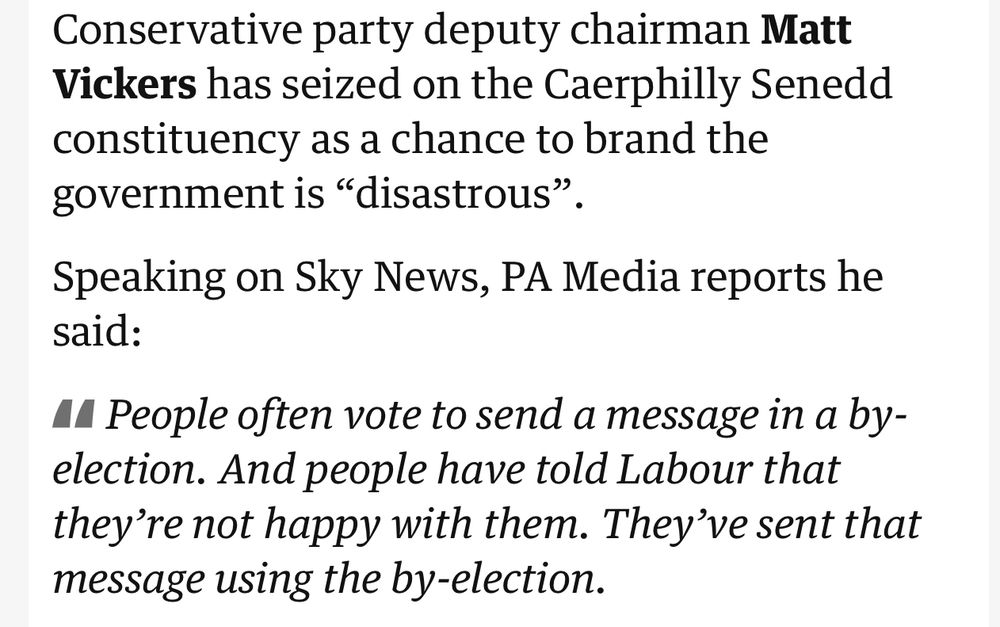 Quote from Tory dept chairman saying Caerphilly by-election was disastrous for Labour.