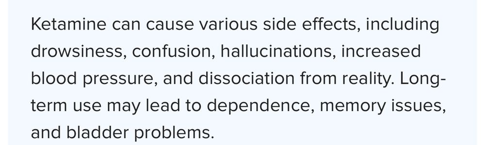 A list of the side effects of ketamine.