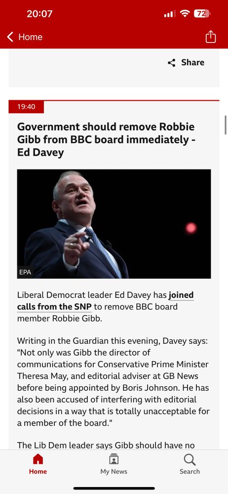 Screen shot of BBC report on Ed Davey calling for Robbie Gibb to be sacked.