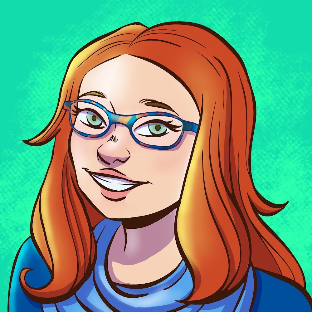 Cartoon version of Lara, a white woman with red hair and blue-green eyes, wearing glasses, a blue shirt, and a blue scarf, along a green textured background. Art by Paula J., @neapaulatan