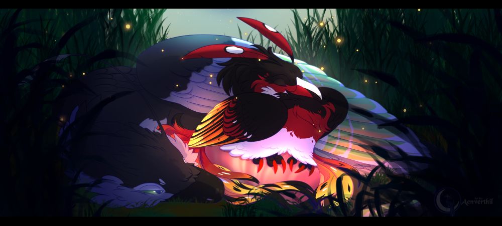 The egg safely taken from the stream, the grey and green raptor finds their Phoenix friend. Together they nest with the egg in an attempt to warm it up. The Phoenix's orange and yellow plumage gently glowing and providing warmth, healing and rest to the little egg. The raptor peeks open an eye, perhaps sensing movement from inside?