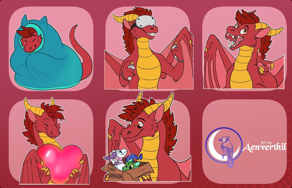 Stickers of a fluffy red dragon with yellow claws, horns and underbelly. 
1. wrapped in a blanket
2. Doing VR
3. Pointing at the screen
4. Holding a heart
5. Holding a box labeled free kobolds with a white, purple and pink, a  green, and a blue kobold.