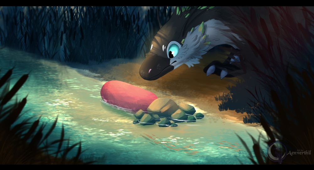 The egg has now gently settled down by some rocks in a more narrow, shallow part of a stream. A beam of sunlight shines down on it keeping it warm. Out of the tall grass a raptor steps out to take a drink but is instead surprised at the pink egg.