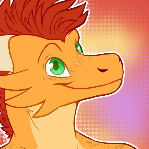 Orange dragon with bright green eyes smiling at the camera