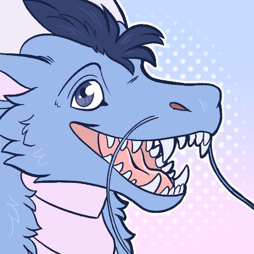 A fluffy light blue dragon smiling at the camera