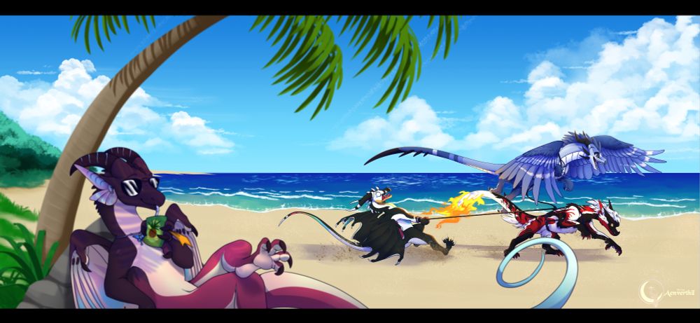 A purple dragon is resting on her back against a rock drinking pineapple juice while wearing sunglasses. She has her leg crossed over the other and has a golden ticket between her fingers. 
The scene is on a beach with the ocean in the background. Two dragons and a furred creature are speeding by in the sand. The creature and blue dragon have harnesses on and are pulling the third white and black dragon in the sand at full speed.