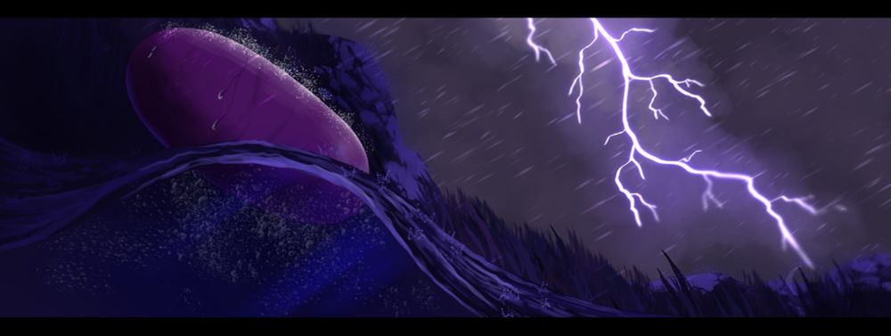 A pink egg is being swept away in rushing water. Lightning flashes in the sky in the background while rain is pouring down.