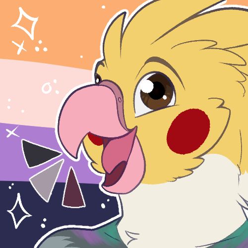 Cockatiel/Pigeon hybrid with ace shoutlines and nonbinary background in a vintage color palette
