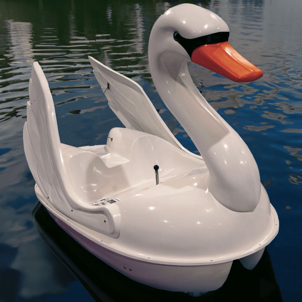 A pedal-operated boat shaped like a swan, like you can find in many parks with lakes