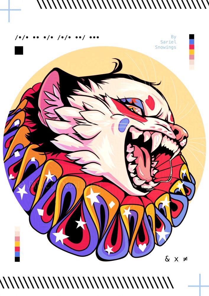 A digital portrait of an anthropomorphic stoat wearing a colourful neck ruffle. Their head is tilted up and they have their mouth open in a big smile. The frame is decorated with geometric shapes and a strand of morse code at the top reads „Circus“.