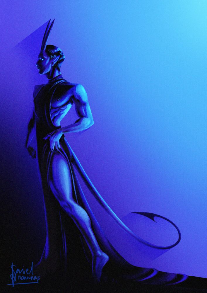 A digital full body drawing of a masculine presenting blue demon wearing a long dress with a slit on its side. He’s got black, slick back hair, two horns that protrude straight up from his forehead and a long tail ending in an arrowhead. He’s backlit, with most of his body in dark shadow, and one of his eyes glows ominously.