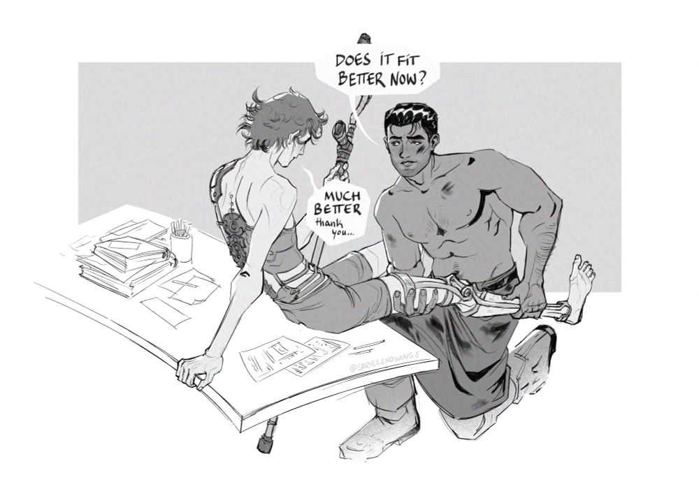 A black and white digital drawing of Viktor and Jayce from Arcane. Viktor is sitting at the edge of a desk, wearing his orthopaedic corset and underwear, holding onto his crutch. Jayce has just come out of the forge and is bare chested and wearing a dirty work apron. He’s on one knee in front of him holding up Viktor’s bad leg and adjusting a prototype of his brace. Jayce says: Does it fit better now? And Viktor responds: Much better. Thank you.

