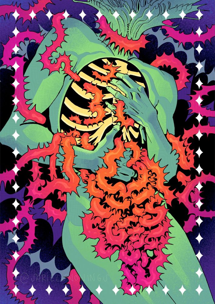 A digital drawing of a torso with an open chest cavity and thorny vibes in place of internal organs. The vines grow out of the body and into the background.