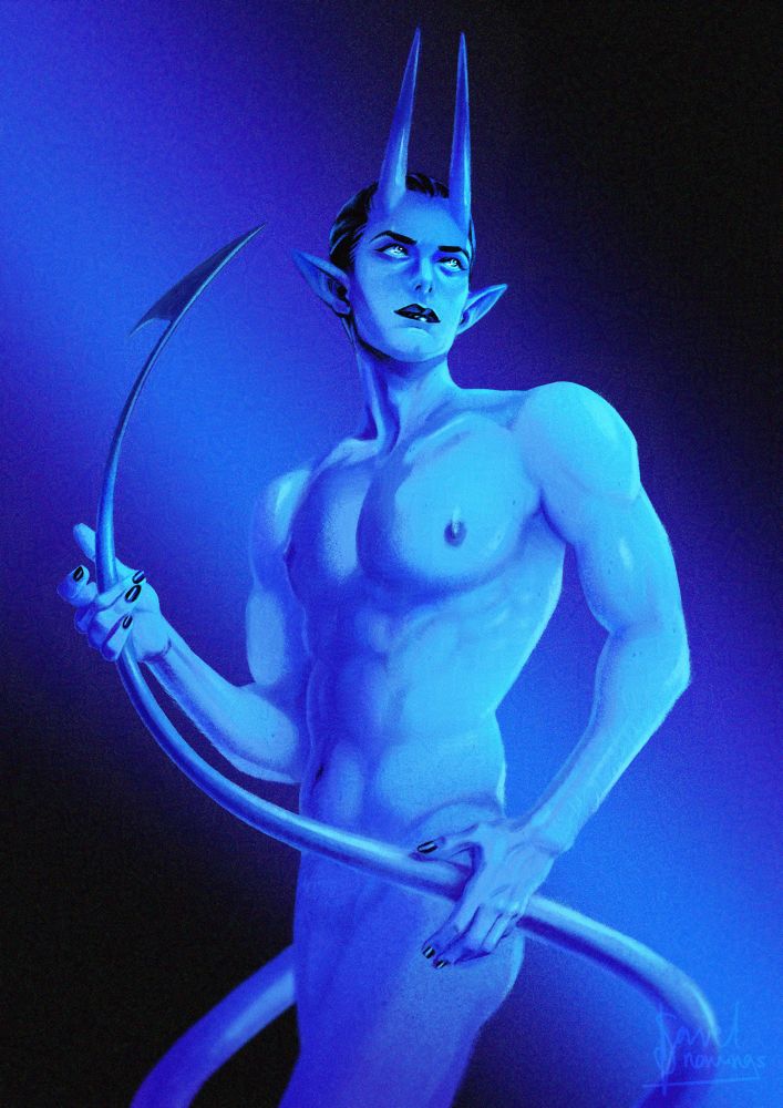 Digital drawing in shades of blue of a nude male devil with horns pointing straight up from his forehead and an arrow tail. He’s wearing black lipstick and has his hair slicked back.