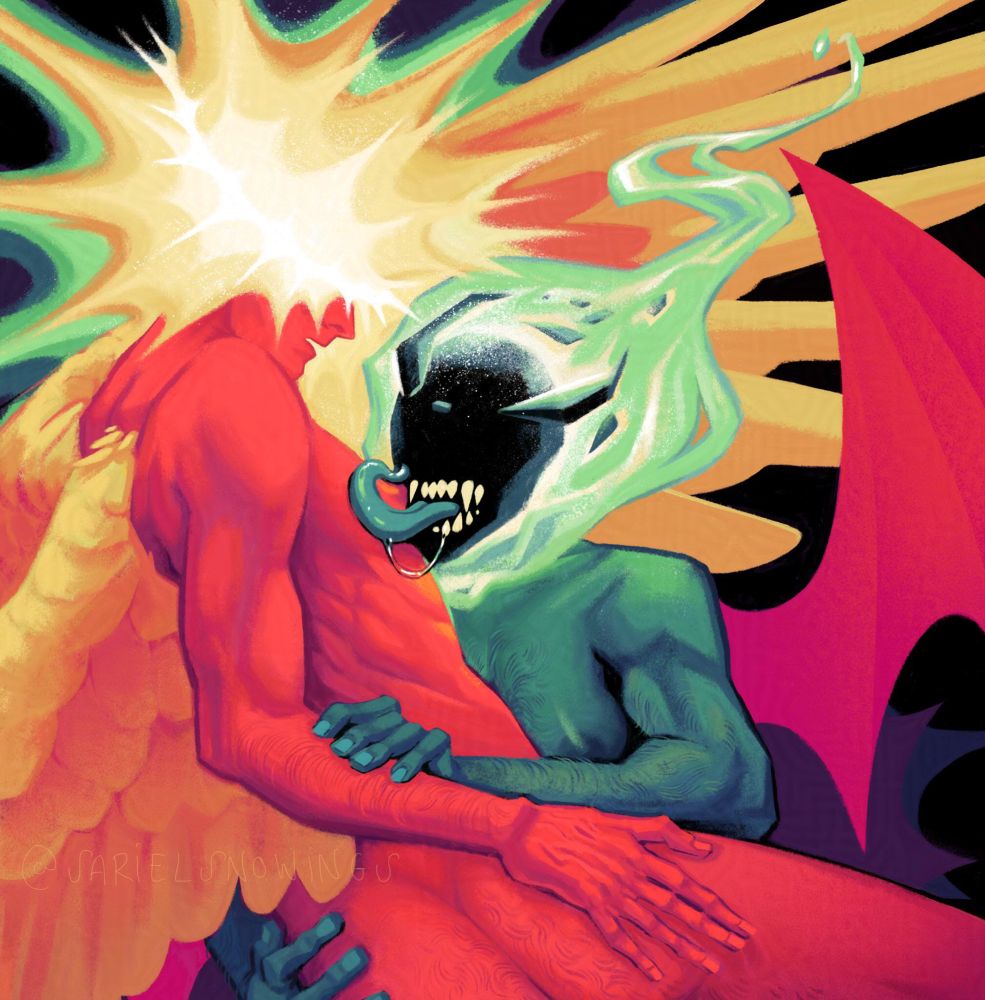 A digital painting of an angel and a demon embracing 