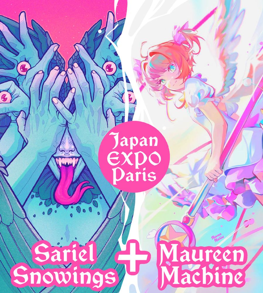 A graphic with one of Sariel’s illustrations on the left and one of Maureen Machine’s illustrations on the right. The text says “Japan expo Paris” and the names of the artists.