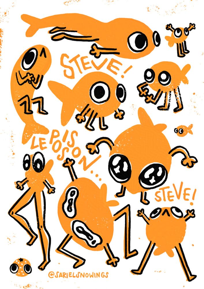 doodle sheet with a bunch of doodles of Steve the orange fish with arms and legs. Character originally created by musician Tomo and illustrator Vigz.