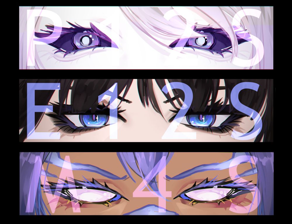 drawings of the eyes of 3 characters from ffxiv raids. athena, gaia, and eutrope, in descending order.