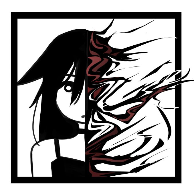 front facing drawing of a figure with long black hair. the other half of the drawing is a messy scattering of sharp lines with smooth red details inlaid. 