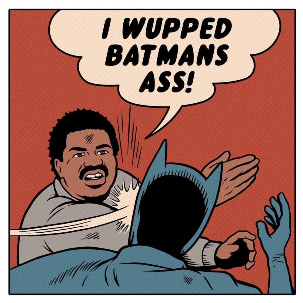 A cartoon of Wesley Willis slapping Batman in the face while belting out the chorus of his hit song " I Whupped Batman's Ass"