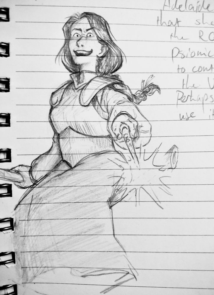 Drawing in pencil of a young woman laughing gleefully, near maniacally, as she points her wand at the viewer, charging a spell. She has long black hair in a braid that floats behind her, and wears some kind of armor over a long dress with loose, poofy sleeves. She's sitting on a broomstick.
The drawing is made on lined paper. Around the edges of the image you can see some handwritten text and the metal rings of a booklet.