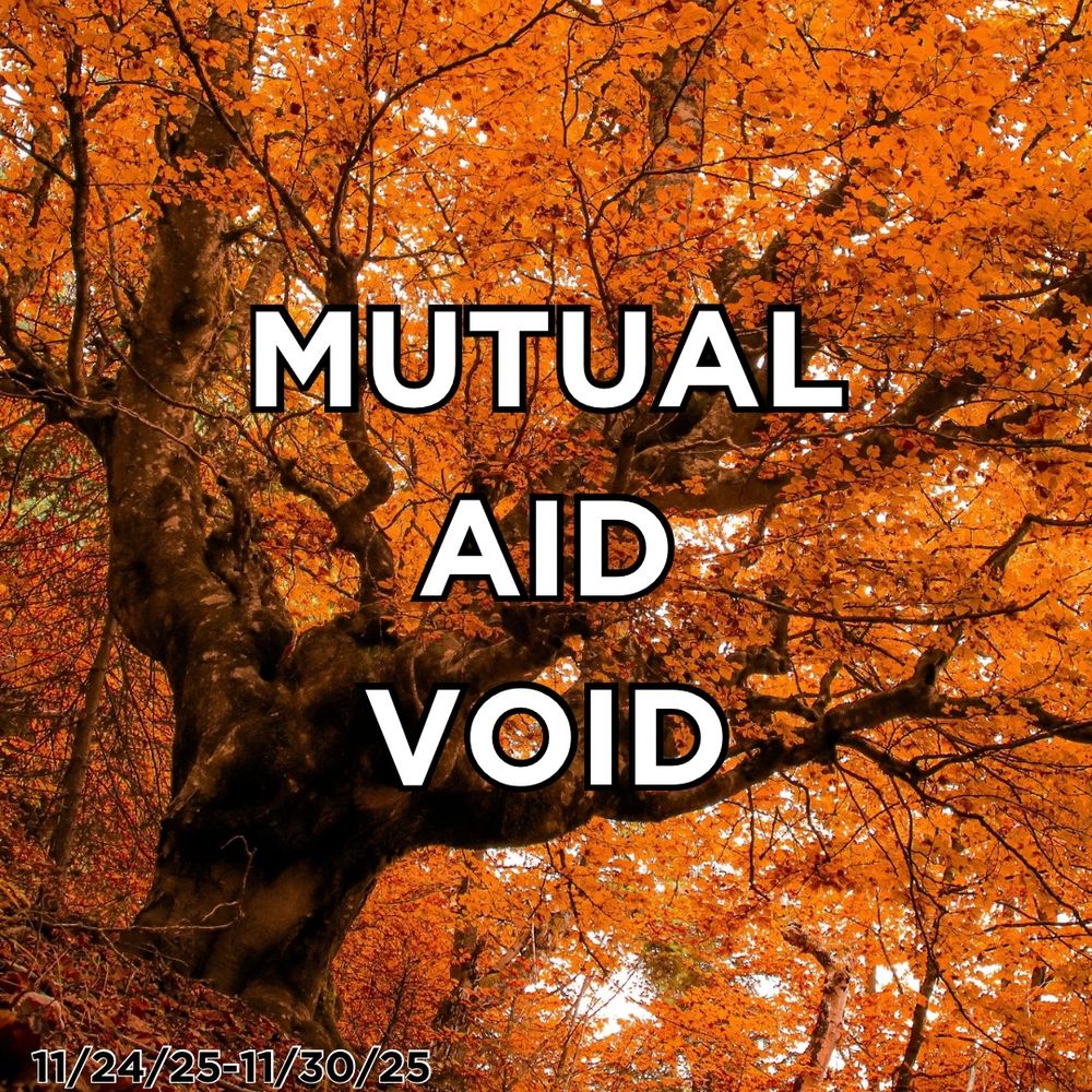 “Mutual aid void” in white letters and black outline.
The background is an autumnal tree with the colors in orange and red. 
The dates on the bottom left hand corner 11/24/25-11/30/25 indicates the week this runs for.