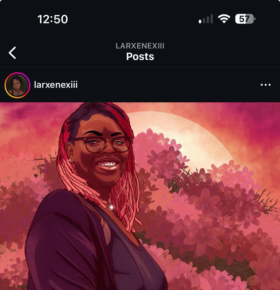 A digital drawing of a Black woman smiling with a tree in the background.
