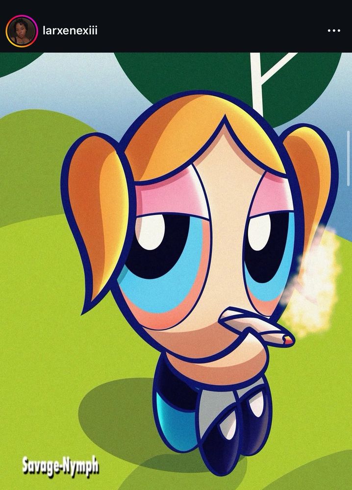 A digital drawing Bubbles from the power puff girls smoking a joint