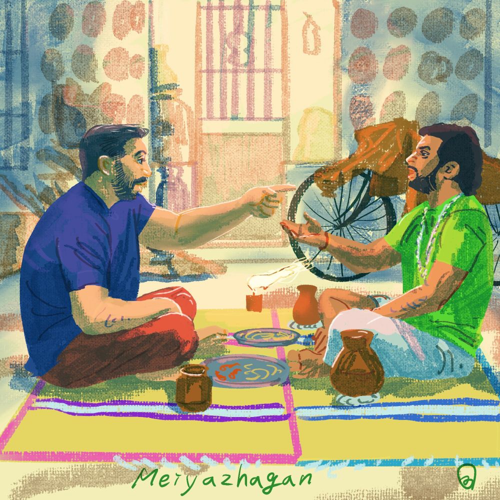 絵は酒の席で、身振り手振りで歌うアルルモリと知り合いだという男