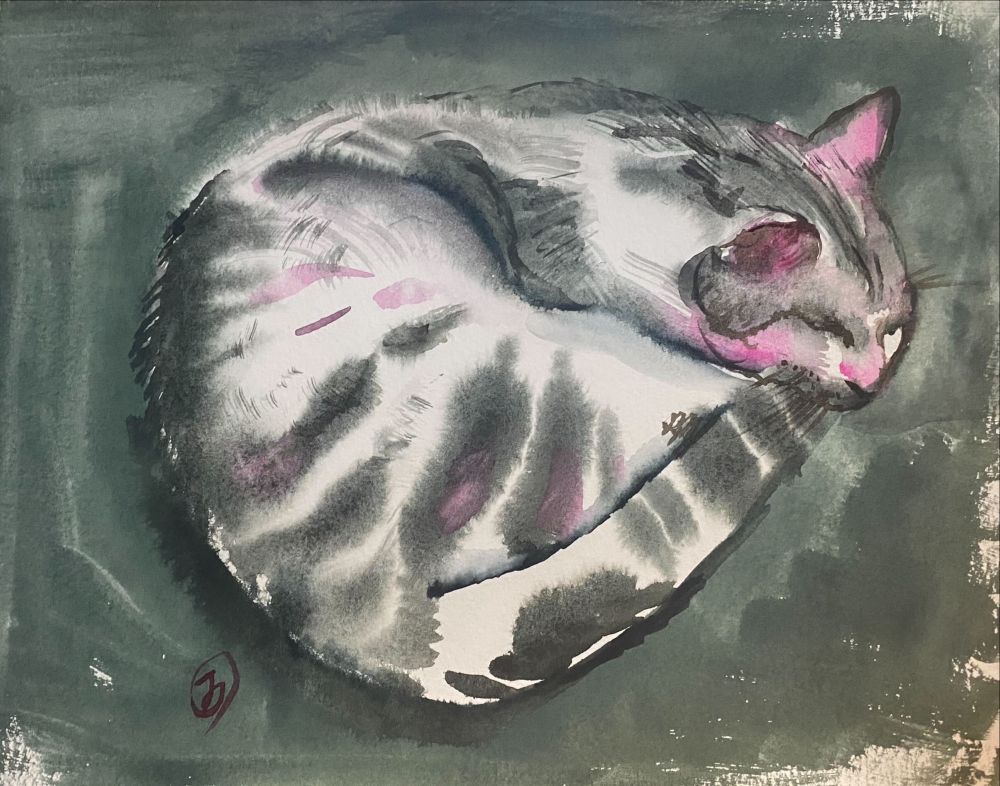 灰色のマットの上で丸くなって眠る白鯖虎猫ちゃんの水彩画