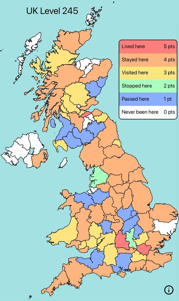 A map of the UK coloured according to where I’ve lived (5 points), stayed (4), visited (3), stopped (2) or passed through (1). A lot of it is coloured orange, meaning I’ve stayed there. The total score is 245. 